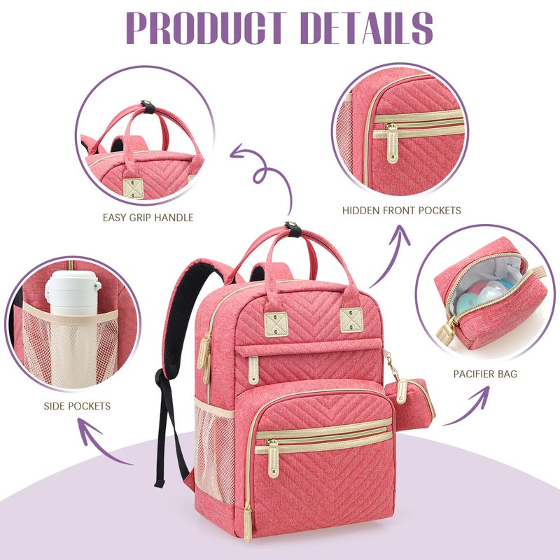Tuwubi Diaper Bag Backpack, Baby Essentials Travel Tote Bag, Multi function Waterproof Backpacks, Travel Essentials with Stroller Straps & Pacifier Case - Pink - Image 4
